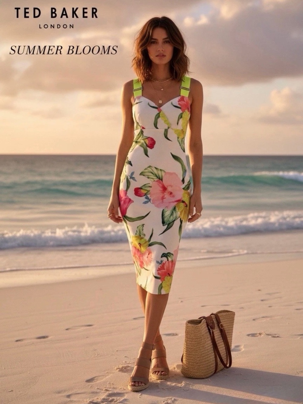 Ted Baker London White Floral Midi Dress with Neon Lime Straps, Size 1